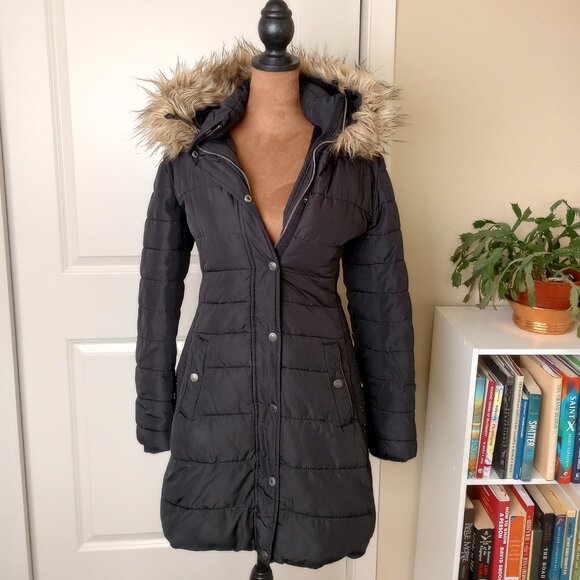 Y2K Abercrombie & Fitch Black Faux Fur Trim Hood Long Line Puffer Coat Premium - Picture 1 of 5
